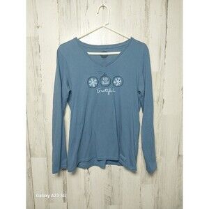Women's Life is Good Grateful V-Neck Long Sleeve Shirt Ornaments Size Medium